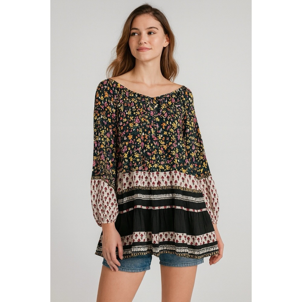 Free People NWT Gardenia Floral Print Embellished Tunic Top‎ Dress Black XS Boho